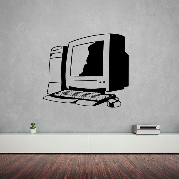 Old-style desktop PC wall decal, monochrome illustration of monitor, keyboard, mouse.