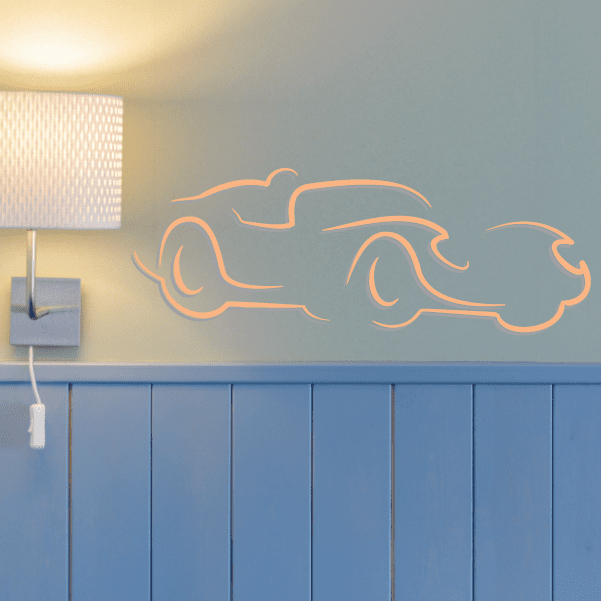 Race car line drawing sticker, orange outlined vintage car illustration