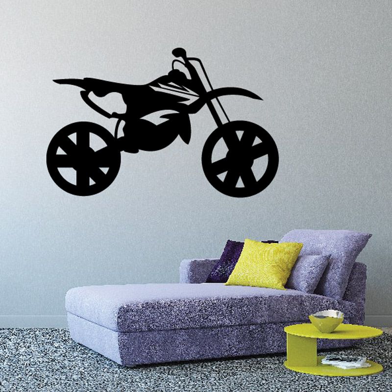 Black dirt bike decal silhouette with racing-style graphics, sticker
