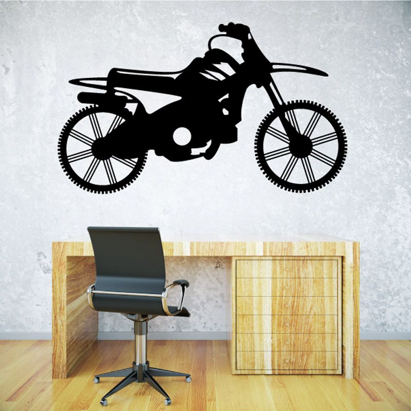 Dirt bike decal with black motocross motorcycle silhouette, front and side view