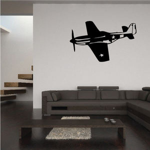 Vintage fighter plane wall decal in black silhouette with propeller and wings