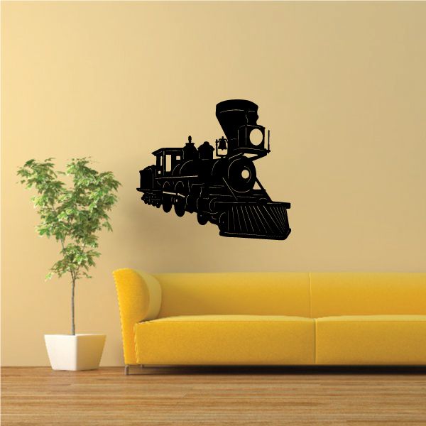 Black old-timey locomotive wall decal, side view with round headlight.