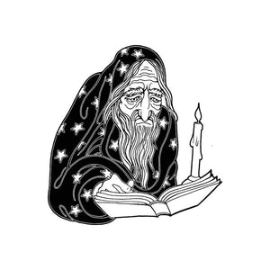 Wizard reading spells decal, black and white outline with stars and candle