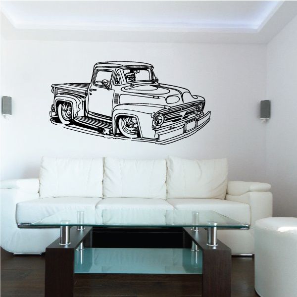 Vintage old truck wall decal, black line art on white background
