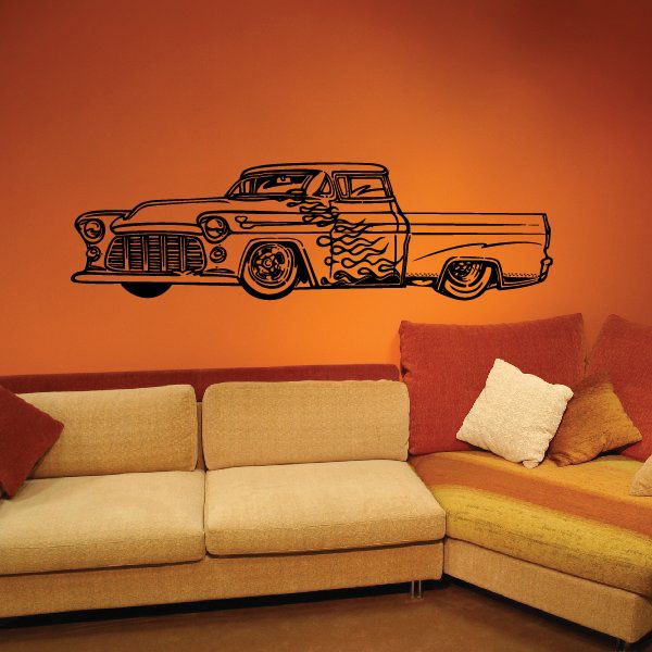 Old truck vinyl wall decal with flame graphics, black outline