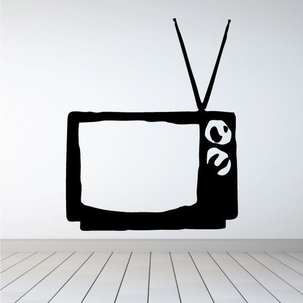 Old TV vinyl decal sticker, black retro TV with antenna and face