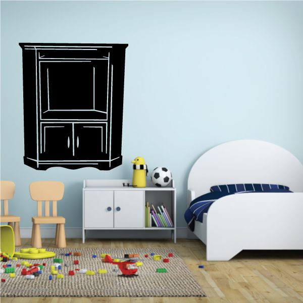 Black TV stand wall decal with shelves and cabinet doors