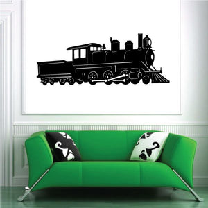 Black steam train wall decal in side profile, with smokestack and wheels