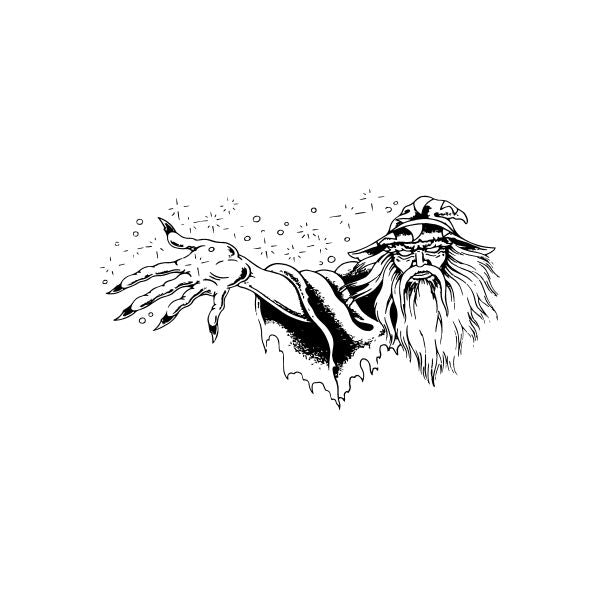 Wizard casting spell decal, black outline with flowing beard and magic spark effects