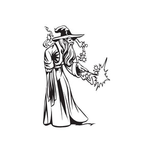 Wizard casting with wand decal, black outline design