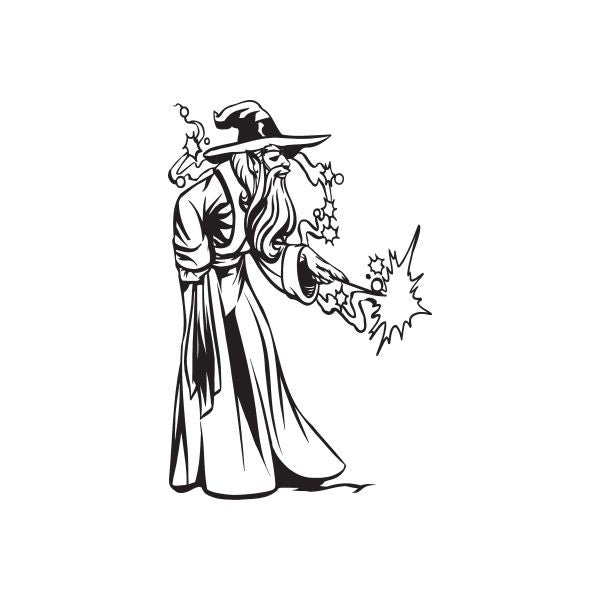 Wizard casting with wand decal, black outline design
