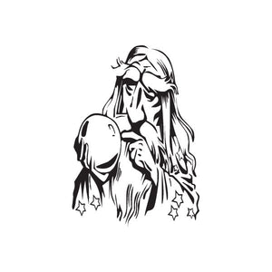 Old wizard decal in black line art with crystal ball and small stars