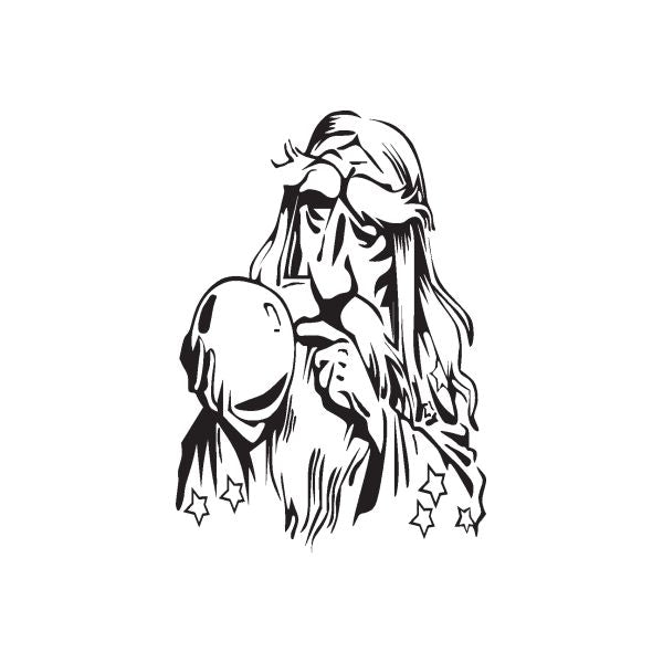 Old wizard decal in black line art with crystal ball and small stars