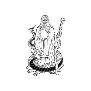 Wizard and dragon wall decal with crystal ball, black outline line art