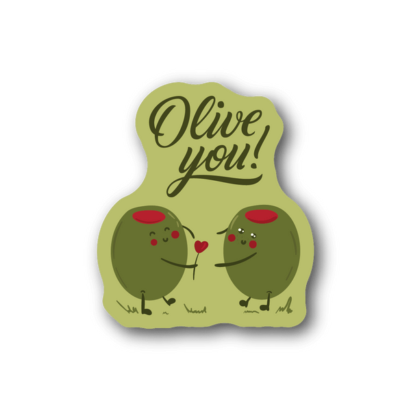 Olive you vinyl sticker featuring two cartoon olives with hearts and red eyes