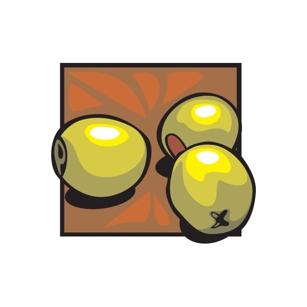 Olives sticker, square with three cartoon green olives and yellow highlights