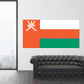 Oman flag sticker: orange rectangle with white emblem and green band