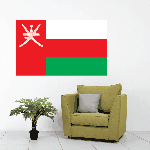 Oman flag sticker, red and white emblem with green bottom band, rectangular