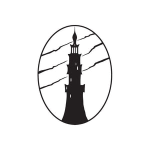 Ominous castle tower decal: black tower silhouette in oval with angular sky lines