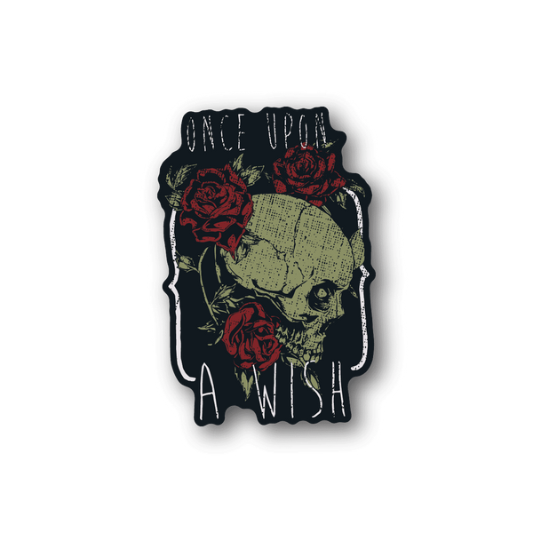 Vinyl skull sticker with red roses and handwritten text