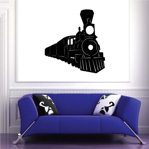 Black steam locomotive wall decal with front headlight and smokestack