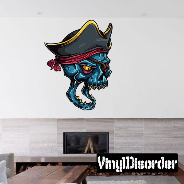 Pirate skull sticker with black tricorn hat and blue one-eyed face