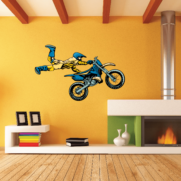 Dirt bike rider graphic sticker with blue rider on motorcycle