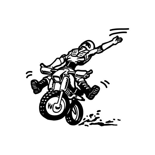One-handed dirt bike rider decal in black line art