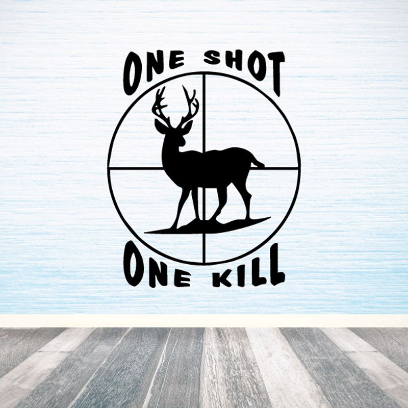 Deer hunter decal, circular design with black deer silhouette and “ONE SHOT ONE KILL” text