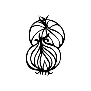 Onion decal with stylized black line art onion with face and leaves