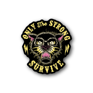 Vinyl cat face sticker with snarling pink-nose cat and yellow circular text