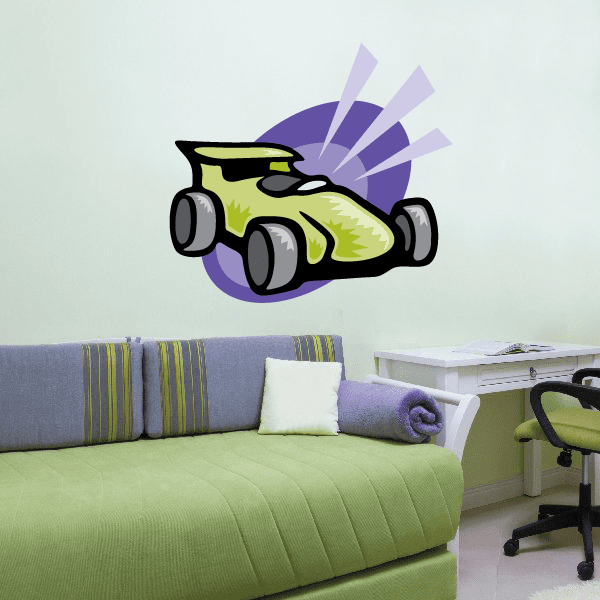 Open-wheel racing car alert sticker, green and yellow car with purple burst