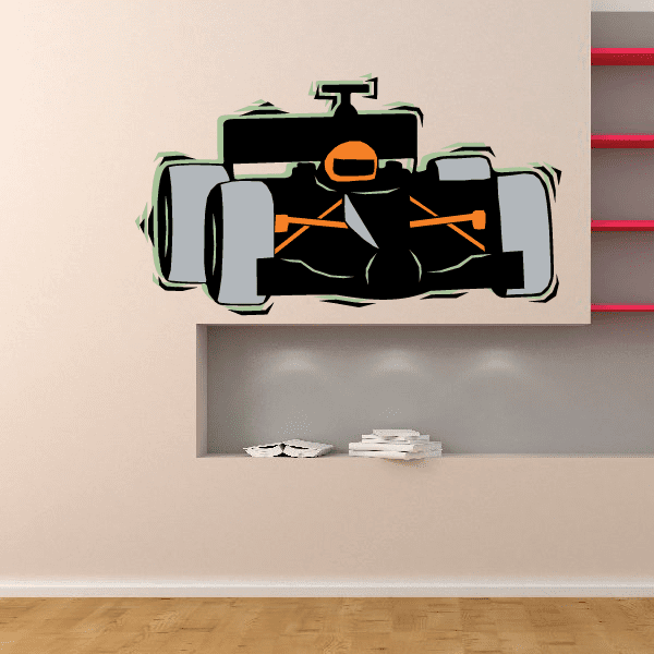 Open-wheel race car sticker: black body, white tires, orange cockpit accents