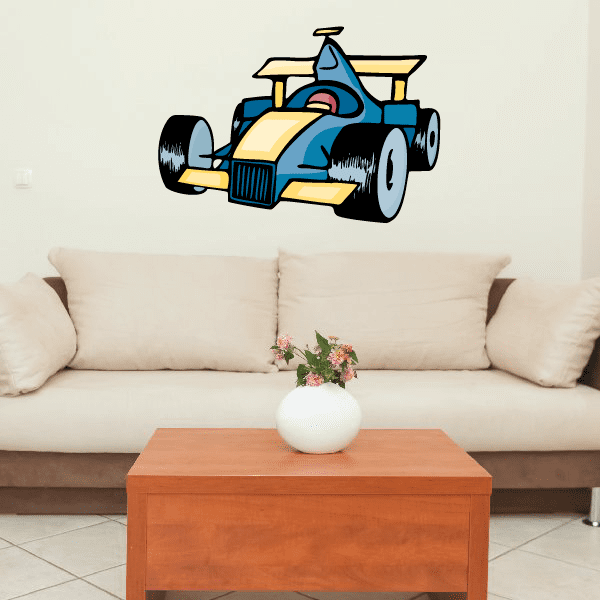 Open wheel race car sticker with blue and yellow race car illustration