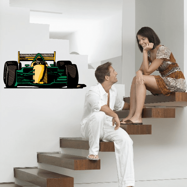 Open-wheel race car sticker with green and yellow car illustration on black outline