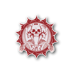 Open-mouthed skull vinyl sticker with red ornamental frame