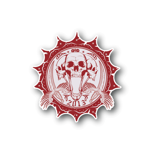 Open-mouthed skull vinyl sticker with red ornamental frame