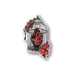 Birdcage vinyl sticker with open heart inside and red roses, white cage bars