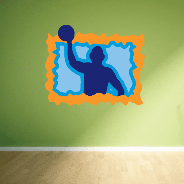 Water polo sticker with blue player silhouette inside orange wavy border