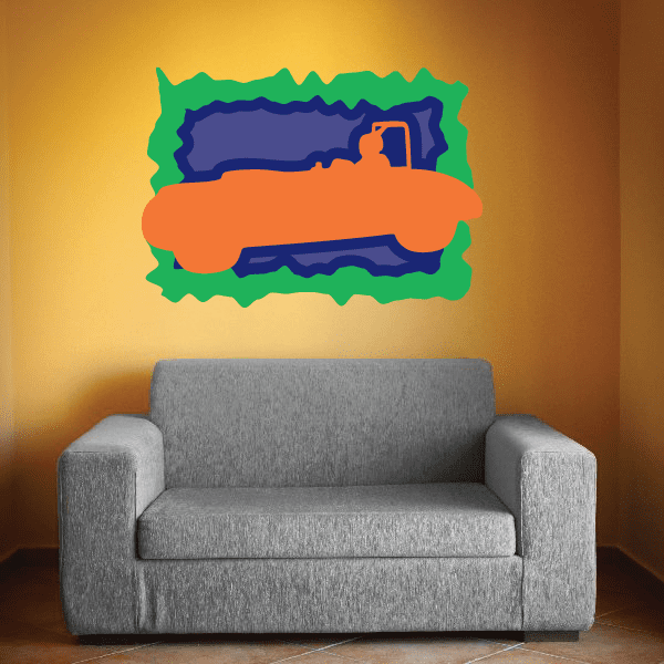 Orange and green race car sticker with blue details