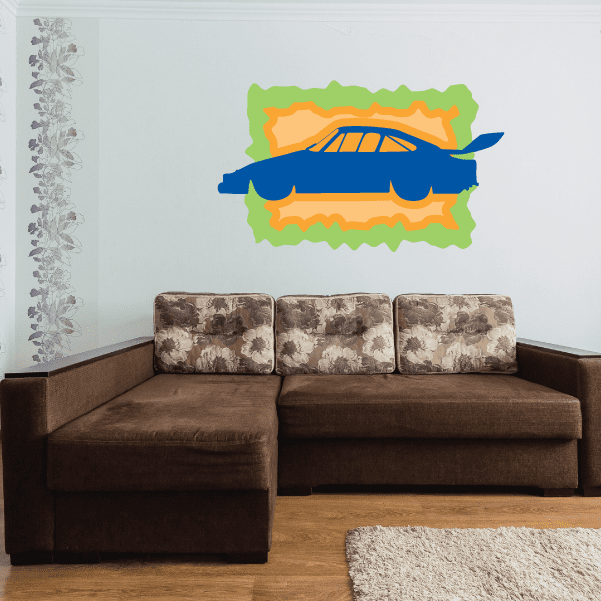 Orange and blue race car sticker with green border and wavy edges