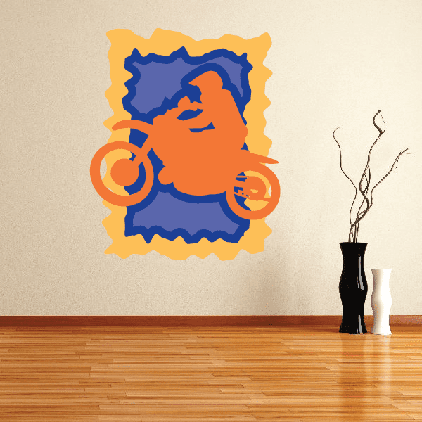 Orange and yellow dirt bike sticker with blue and orange rider graphic