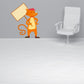 Orange cat sticker holding a beige sign, red bow and collar, curled tail