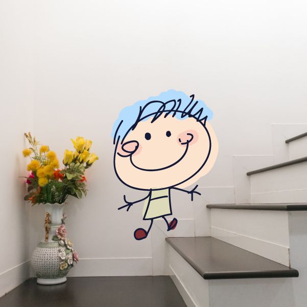 Cartoon boy sticker with light blue hair, smiling face, and short-sleeve shirt