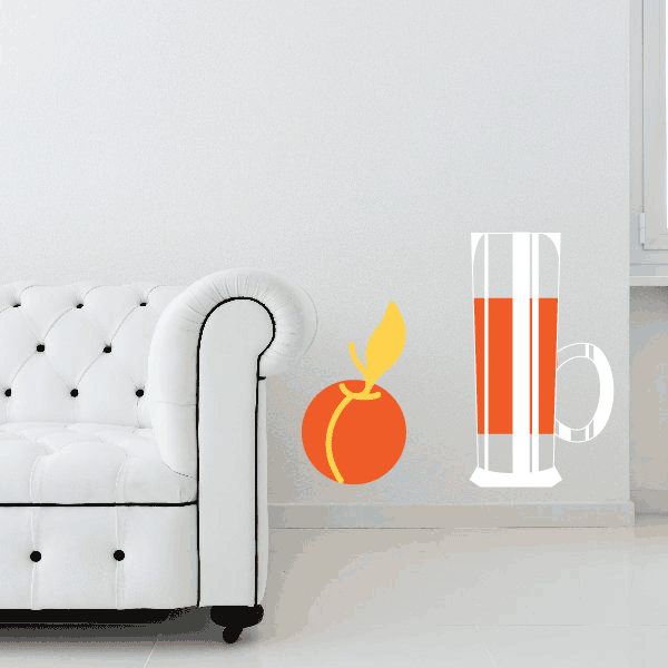 Orange juice glass sticker with orange fruit and flame graphic