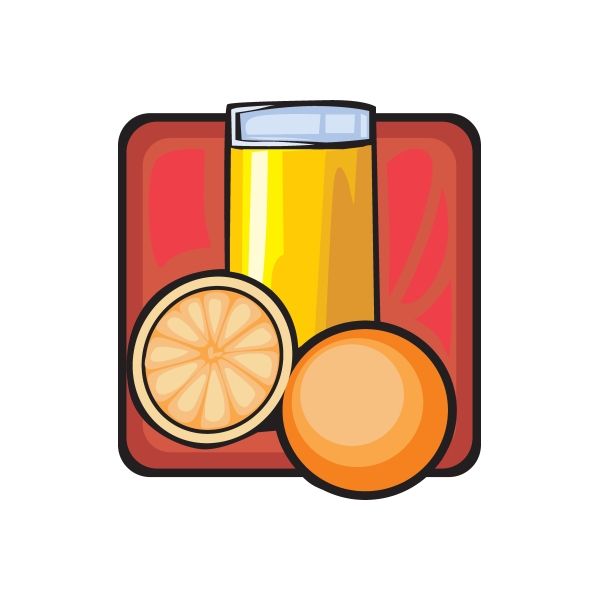 Orange juice sticker showing a glass, orange slice, and orange wedge