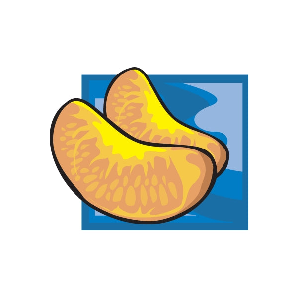 Fruit slice sticker, two outlined orange halves on a blue rectangular backing