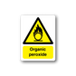 Hazard warning sticker with yellow triangle flame icon and text 'Organic peroxide'