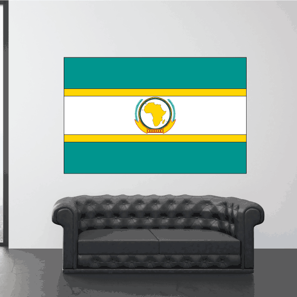 African Unity flag sticker, green white teal with yellow stripes and emblem circle