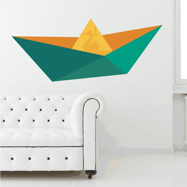 Origami boat sticker with orange hull, teal sides, yellow sail on light background